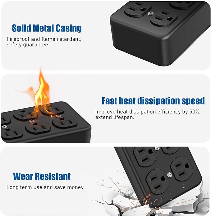 Heavy Duty Power Strip with USB, 8 Outlet Workshop Metal Power Strip, PD20W USB - Image 6