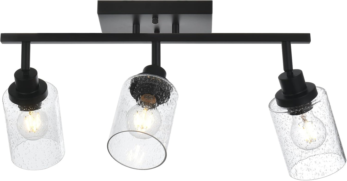 3-Light Black Track Lighting Kit Ceiling Mount Kitchen Track Lighting Fixtures, Bathroom Ceiling Tracking Vanity Light with Bubble Seeded Glass Shade & Rotatable Tracking Heads for Accent Shop