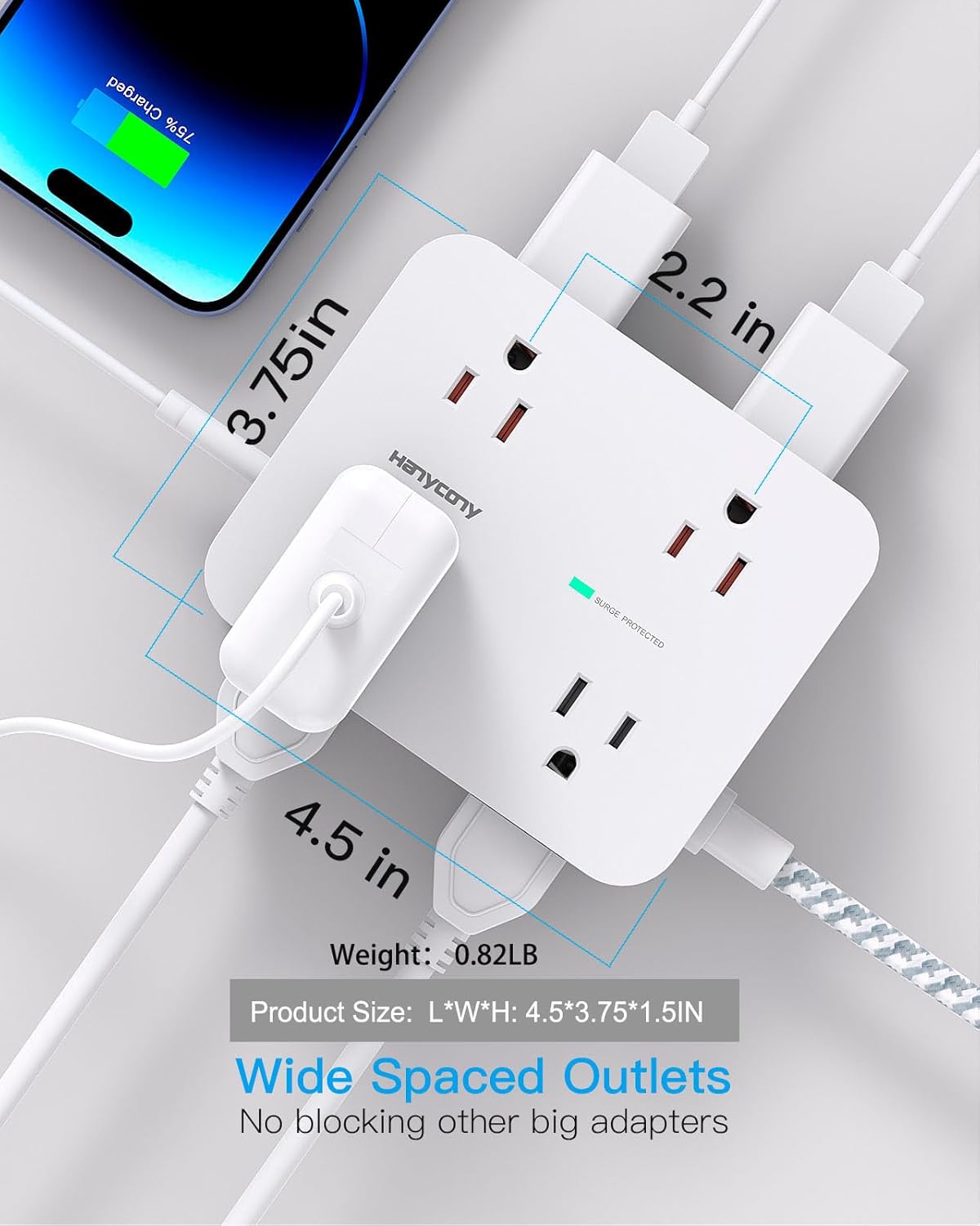 HANYCONY Surge Protector Power Strip, 1080J, 5 Ft Braided Extension Cord | 8 Outlets 4 USB Ports(2 USB C), Outlet Extender, Flat Plug, Wall Mount, Desk Charging Station, Home Office, Dorm Room ETL