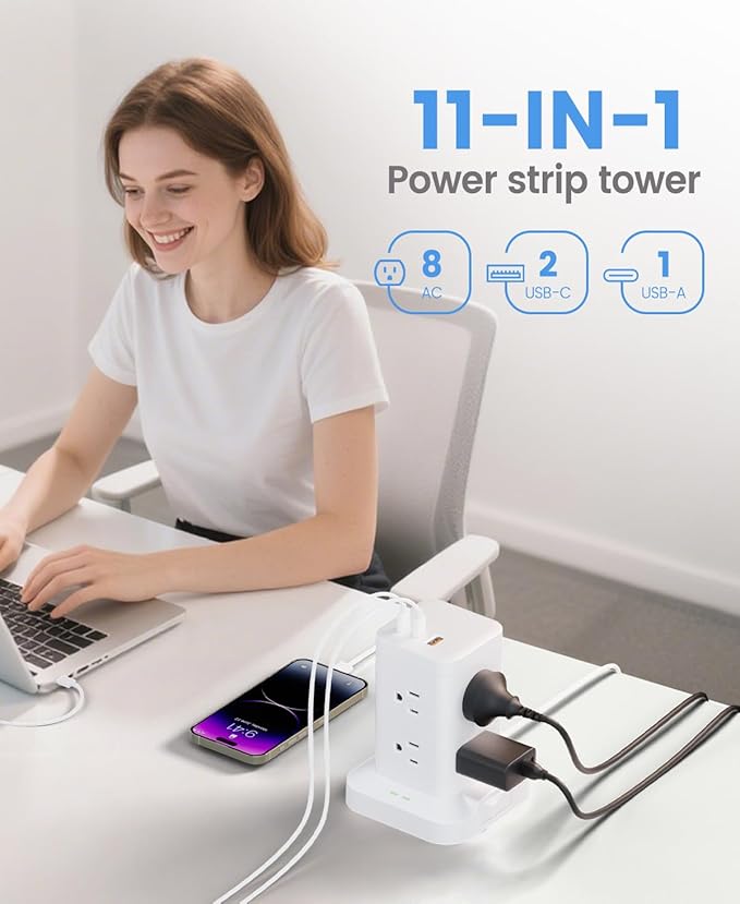 Power Strip Tower with Surge Protector 1800J, Fast Charging Tower PD20W USB-C - Image 3