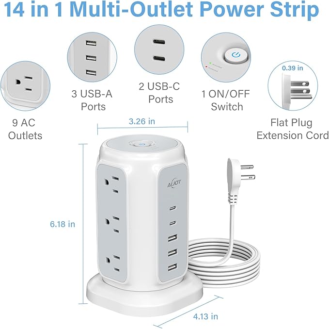 AiJoy Flat Plug Power Strip Tower 9 Outlets and 5 USB Ports, 1200J Surge - Image 2