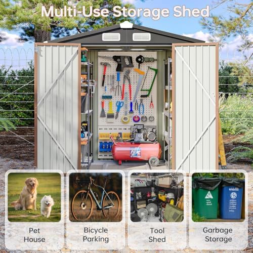 6x4ft outdoor storage shed with base brown showing dimensions