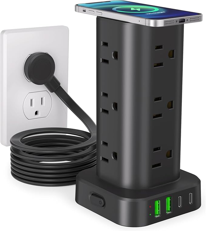 Power Strip Tower with Wireless Charger, Flat Plug Surge Protector Tower with by Unknown