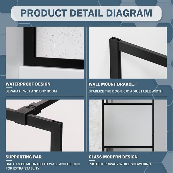 Goodyo Shower Door 34“ X 72” Fixed Frost Tempered Glass Shower Screen Panel - Image 5