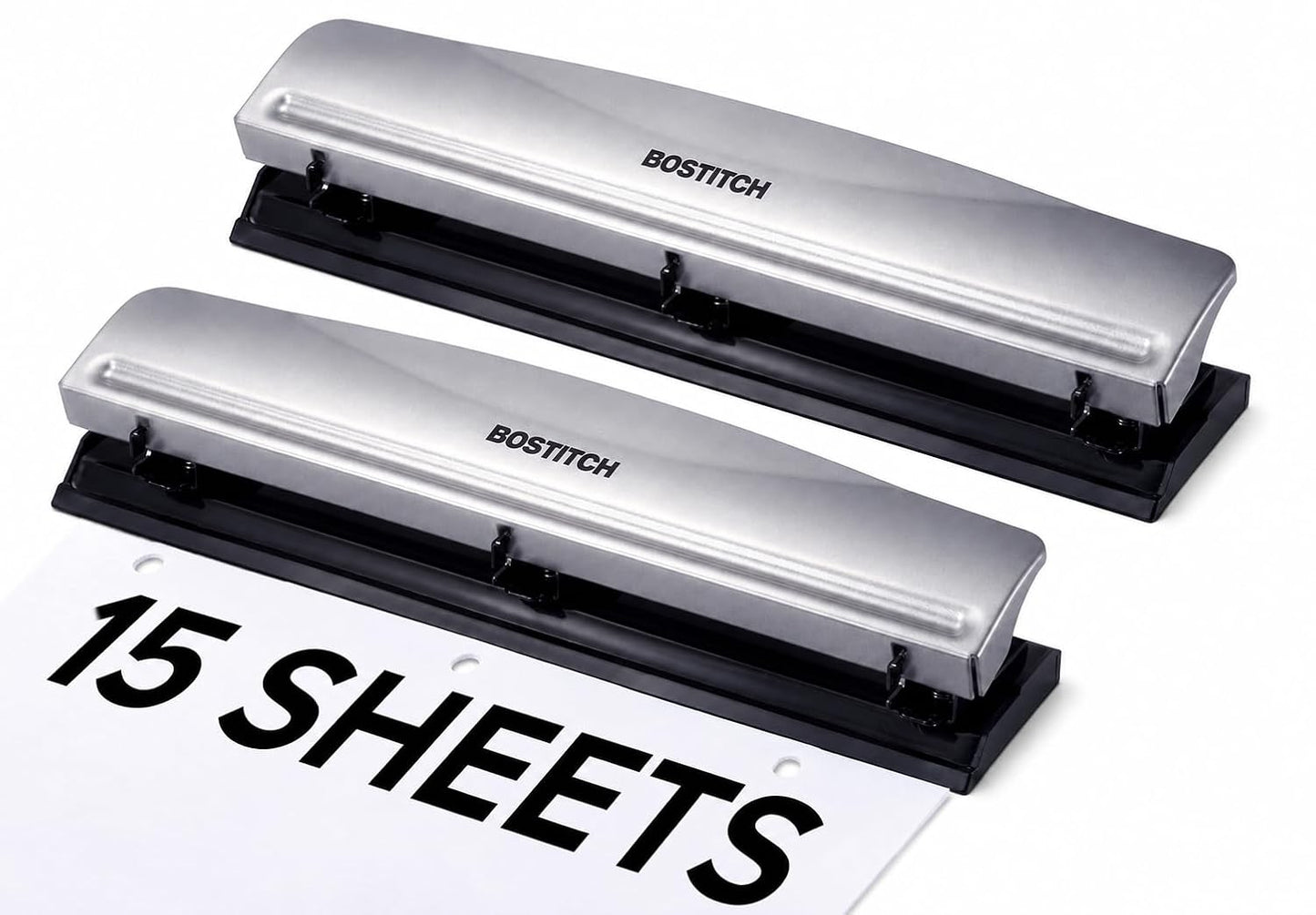 Bostitch Office Premium 3 Hole Punch, 15 Sheet Capacity, Metal, Rubber Base, Easy-Clean Tray, Silver, 2-Pack