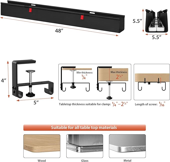 Univivi No Drill Under Desk Cable Management Tray, Clamp/Screw Mount Desk Cable - Image 4