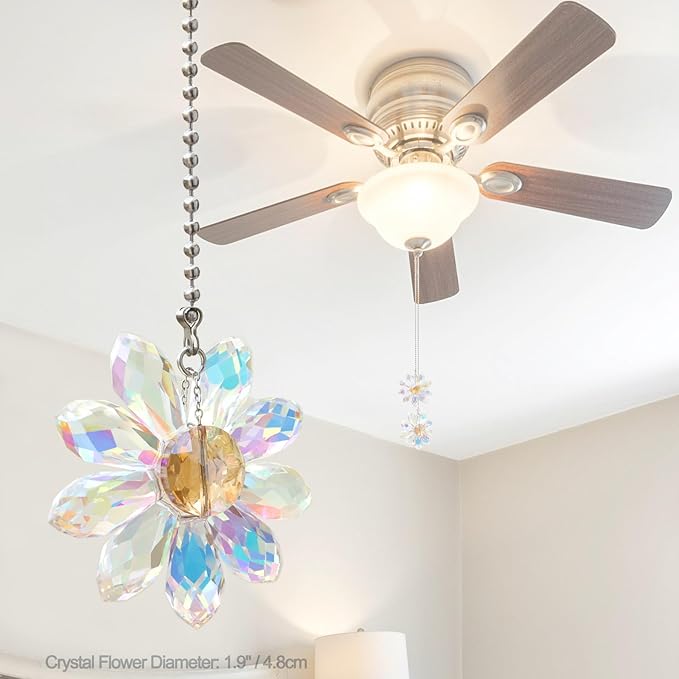 LEFERS Ceiling Fan Pull Chain, 2 Pieces 1.8" Crystal Glass Flower Pendants - Image 3