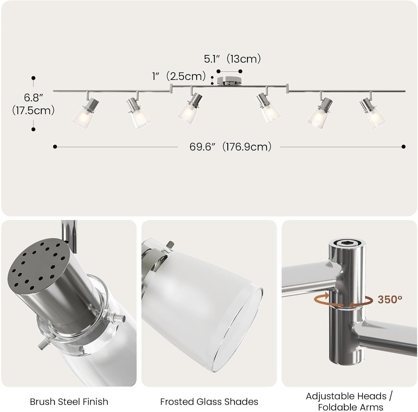 6-Light Decorative Track Lighting Kit, Brushed Steel Finish Flush Mount Ceiling Light Fixture with Frosted Glass Shades, Foldable Z-Bar, E26 Adjustable Heads Provide Directional Light
