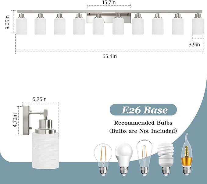DIKAIDA 10-Light Bathroom Vanity Light Brushed Nickel, 64.5in Vanity Lights - Image 3