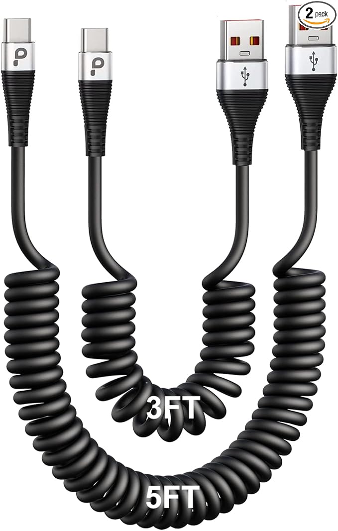 USB Type C Coiled Cable Fast Charging, Short USB A to USB C Charge Cable by PRAKIE