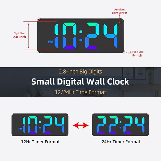 LED Digital Wall Clock with Dynamic RGB Display, Big Digits, Auto-Brightness - Image 3