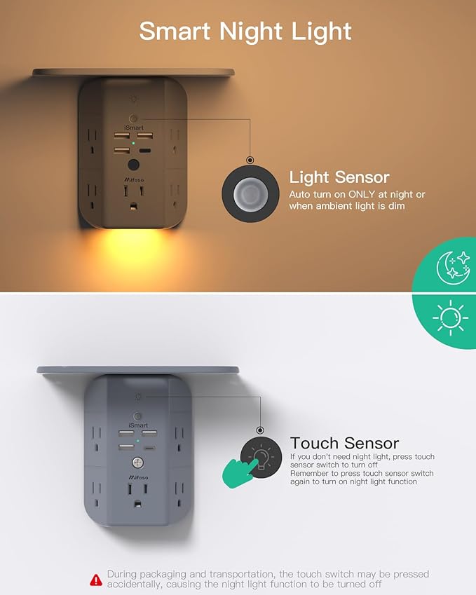 Wall Outlet Extender with Shelf and Night Light, Surge Protector, USB Wall - Image 3