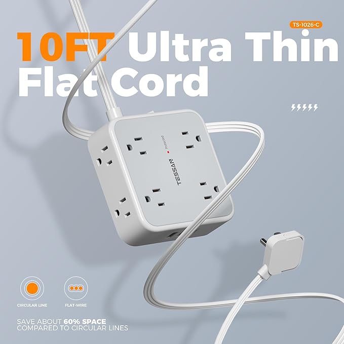 TESSAN Surge Protector Power Strip Flat Plug, Long Extension Cord 10 FT - Image 5