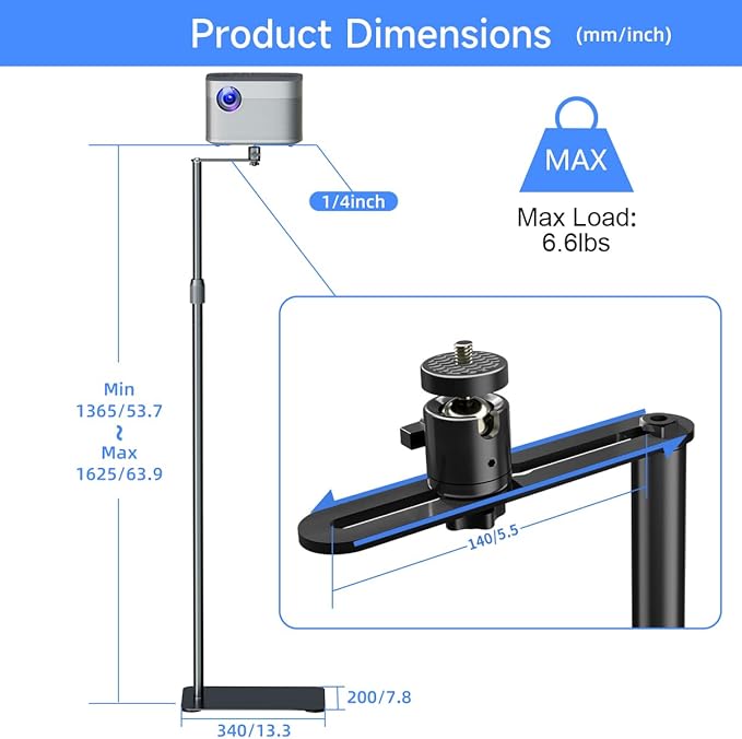 suptek 63.9” Extendable Projector Stand Against Wall Hidden Stand, 360°Swivel - Image 7