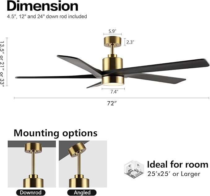 WINGBO 72" DC Ceiling Fan with Lights and 3 Downrods, 5 Carved Wood Blades - Image 2