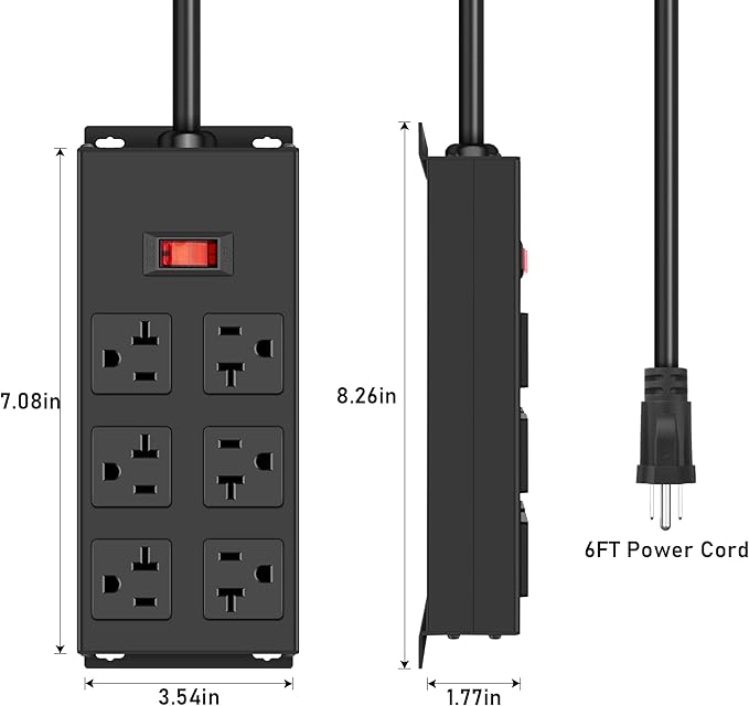 JUNNUJ 20 Amp Power Strip Heavy Duty 2 Pack, Garage 6 Outlets Metal 12 Gauge - Image 2