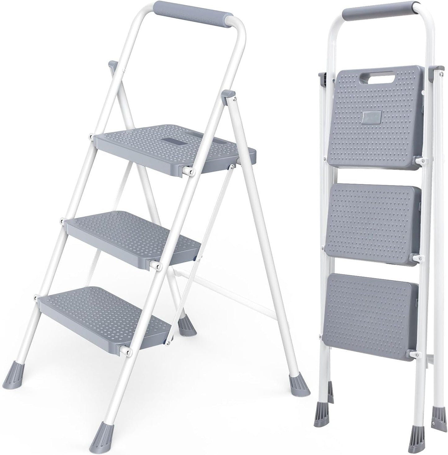 DUMOS Step Ladder, 3 Sturdy Step Stool with Anti-Slip Pedal & Comfortable Handrail, Portable Heavy Duty Step Stool for Kitchen, Garage & Outdoor Use, 800lbs, Grey