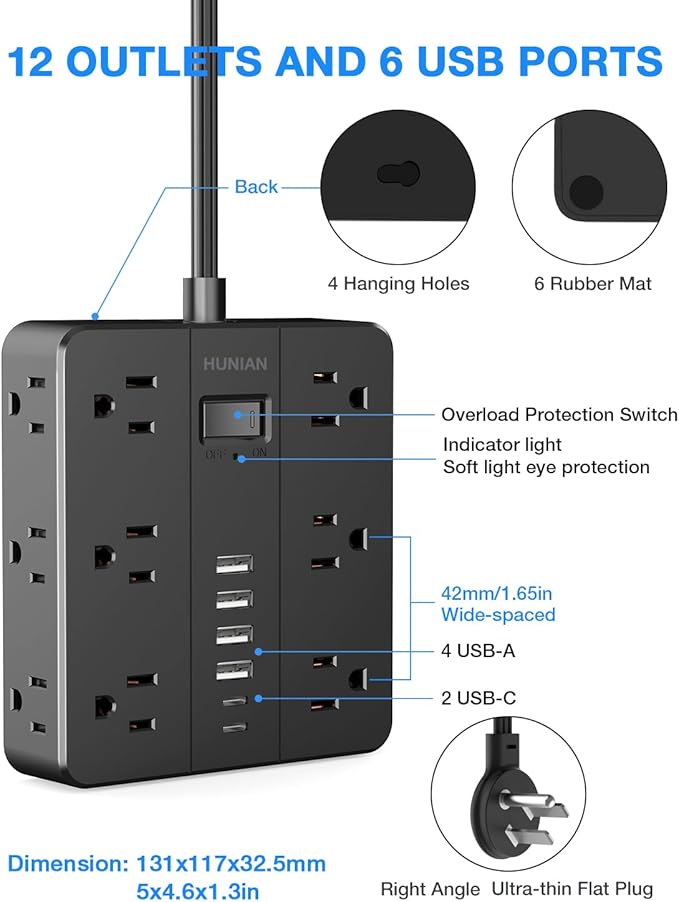 Surge Protector Power Strip 15 Ft Cord, HUNIAN Flat Plug Extension Cord - Image 7