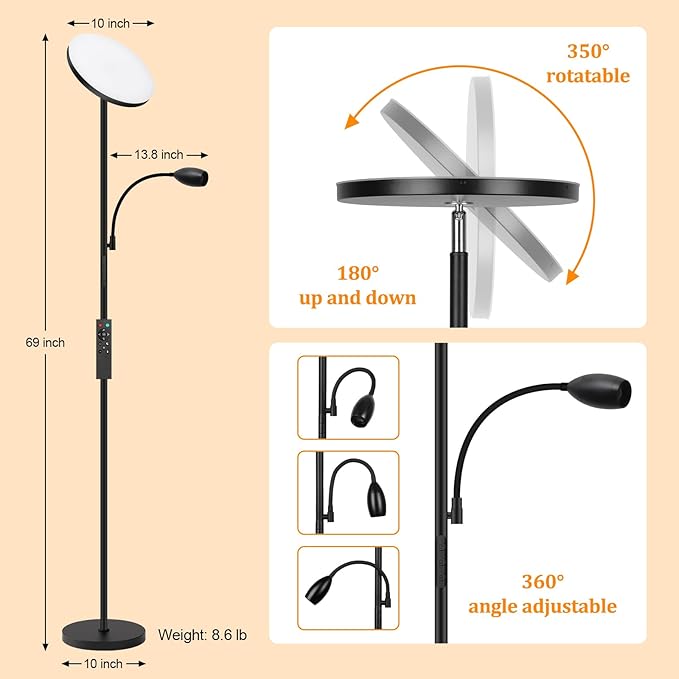 LED Torchiere Floor Lamp with Gooseneck Reading Light, Remote Control Standing - Image 6