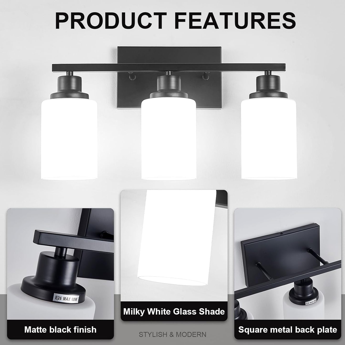 3-Light Black Bathroom Light Fixture Over Mirror,Modern Farmhouse Vanity Light,Wall Sconces with Milky White Glass Shade for Bathroom,Bedroom, Living Room,Staircase,Hallway E26