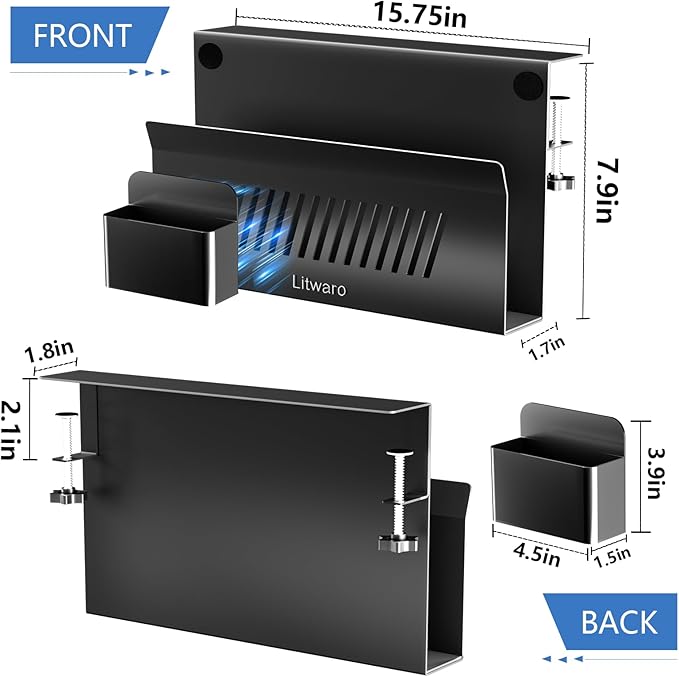 Litwaro Desk Side Storage Organizer, No Drill Laptop Holder Clamp on Desk Shelf - Image 2