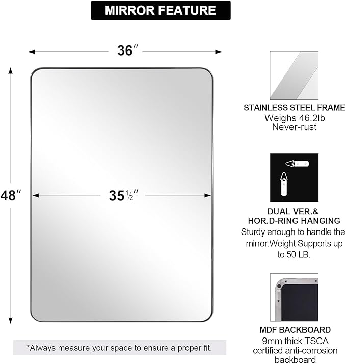 ANDY STAR 36"x48"Chrome Bathroom Mirror, Large Wall Mirror - Image 3