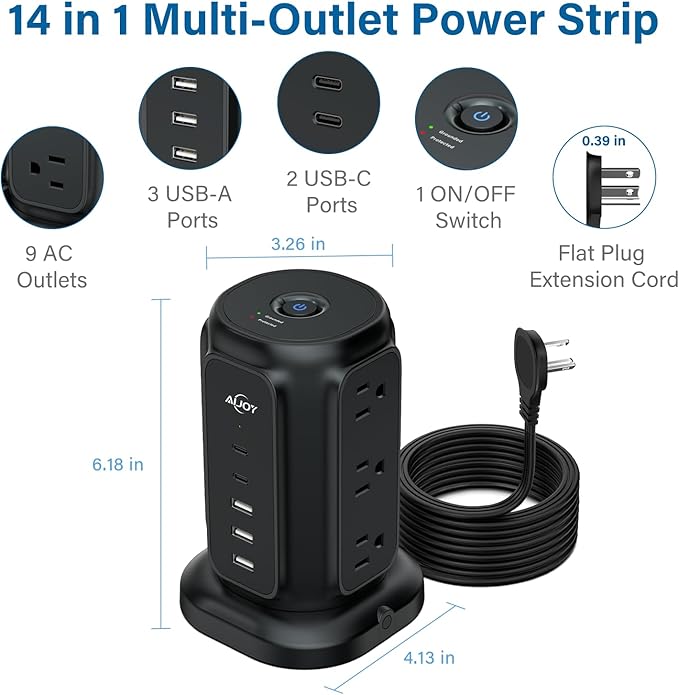 AiJoy Power Strip Tower with 9 AC Outlets and 5 USB Ports, Flat Plug 1625W - Image 2