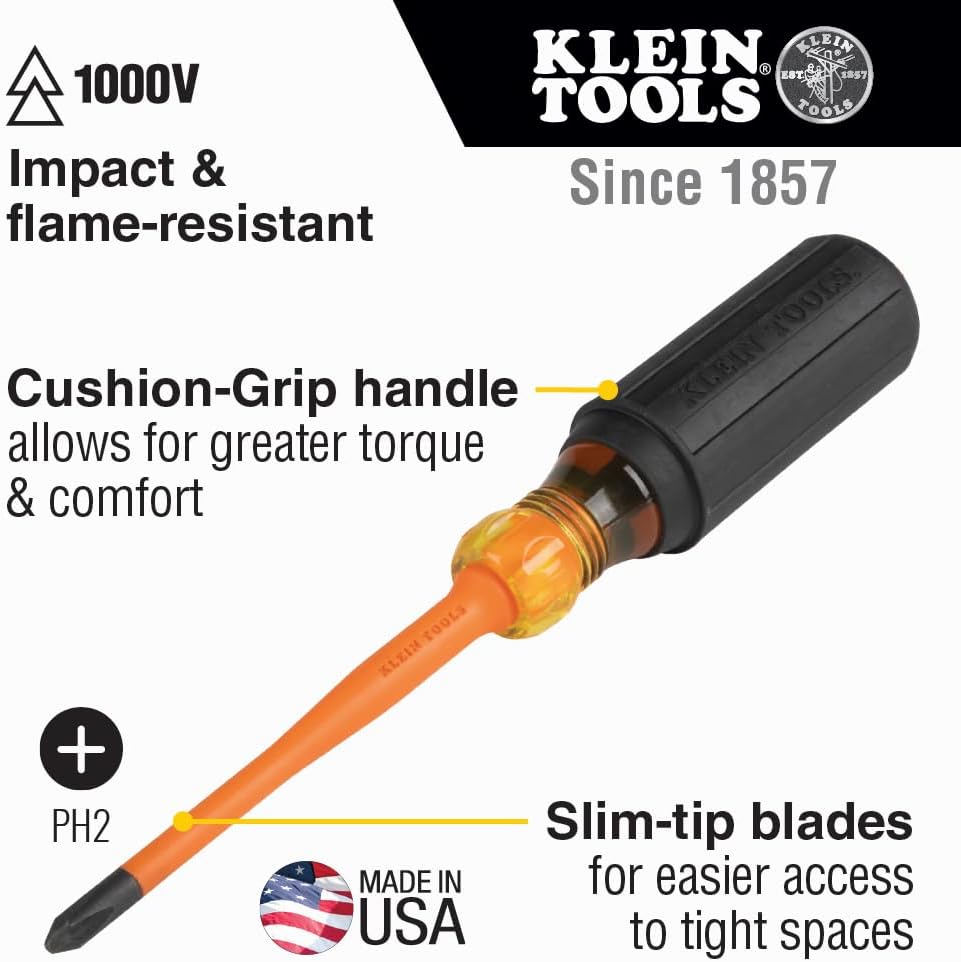 Klein Tools 6936INS Insulated Screwdriver, Made in USA, Screwdriver with 1000V Slim Profile Tip, #2 Phillips with 6-Inch Shank, Cushion-Grip Handle