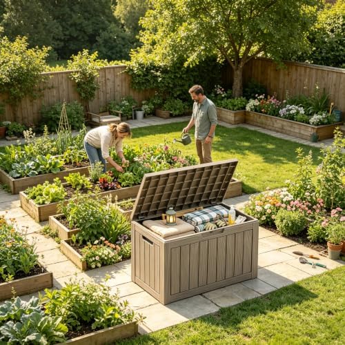 rojik waterproof deck box durable outdoor storage box shown in use