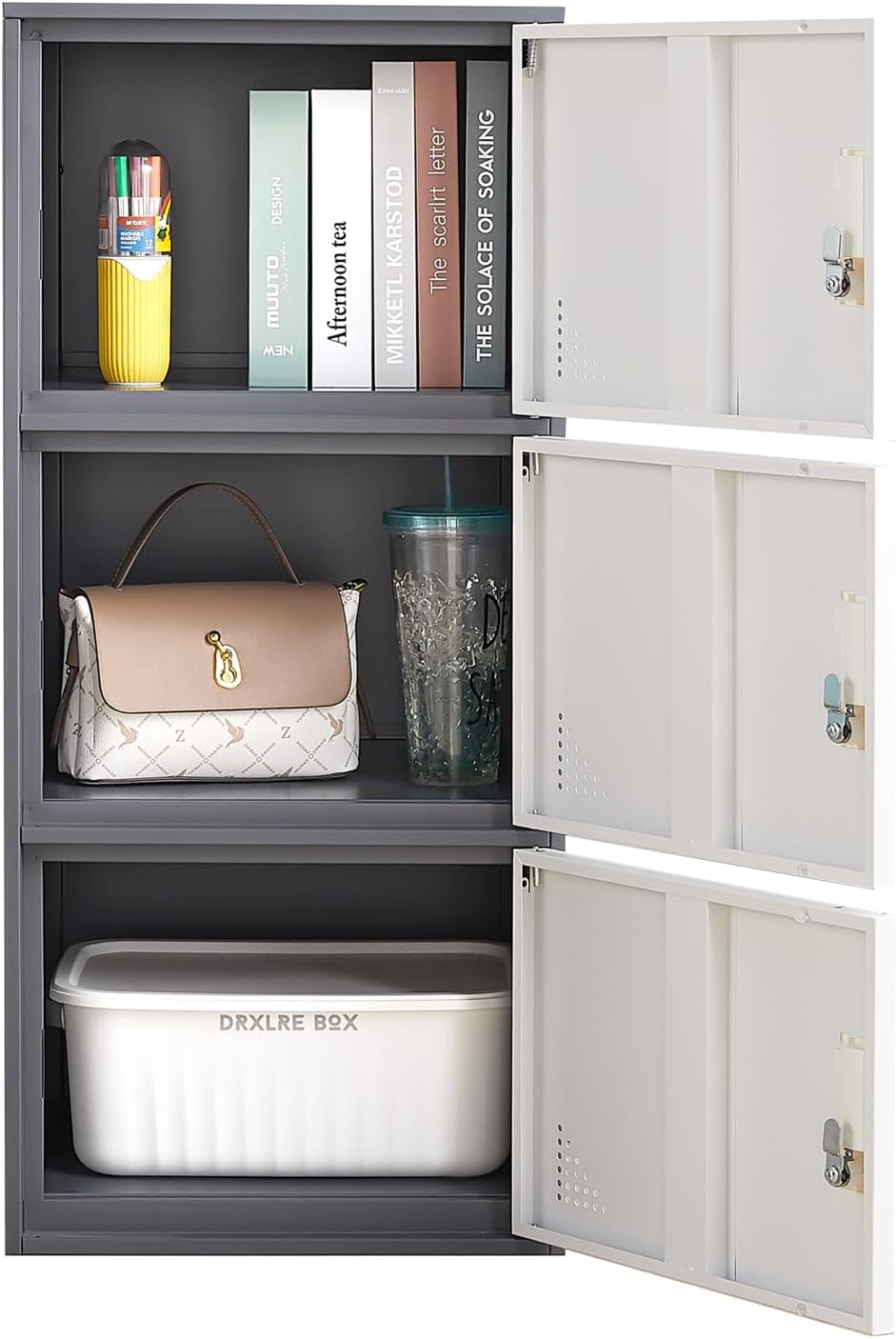 3 door metal locker steel storage cabinet, office shown in use