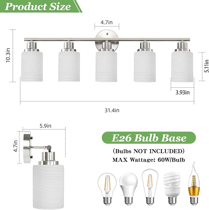 Guliaofo 5-Light Brushed Nickel Vanity Lights, Bathroom Light Fixtures - Image 2