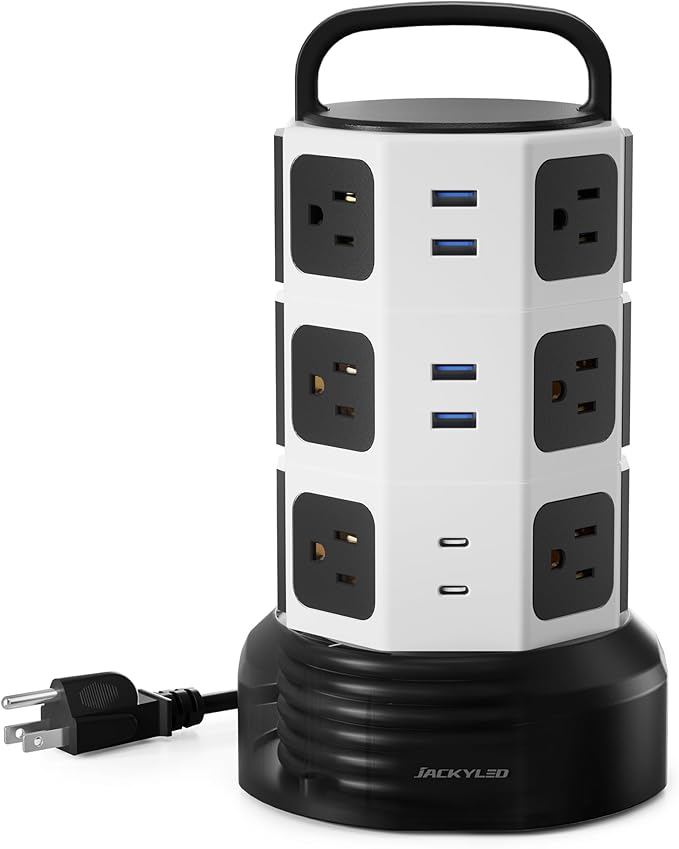 Power Strip Tower Surge Protector, JACKYLED 12 Outlets 6 USB Charging Station by JACKYLED