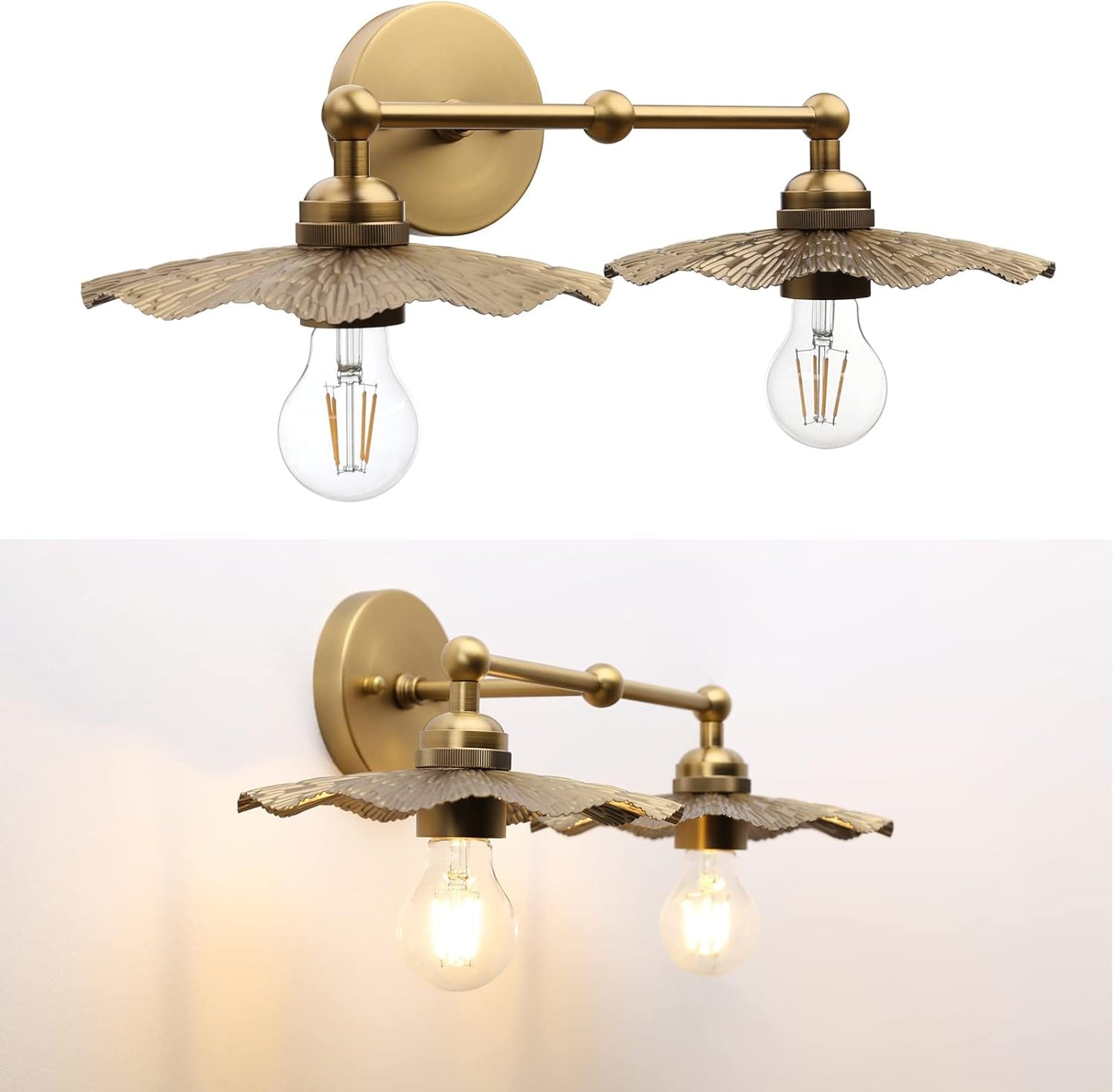 2-Lights Industrial Metal Wall Sconces, Antique Brass Flower Rippled Shade Wall Light Fixture for Bathroom Vanity, Bedroom, Dining Room, Living Room, Farmhouse, Stairs, Hallway