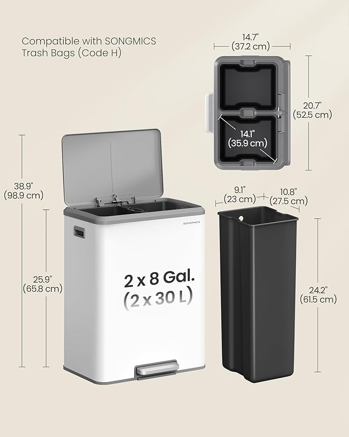 SONGMICS Trash Can, 2 x 8 Gallon Double Garabge Can - Image 6