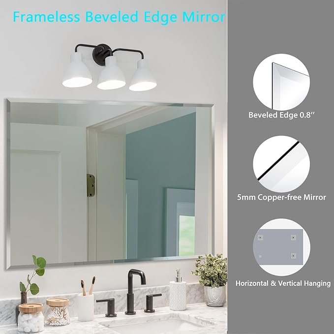 Frameless Beveled Edge Bathroom Mirror 36x24 Inch Rectangle Wall Mirror - Image 2