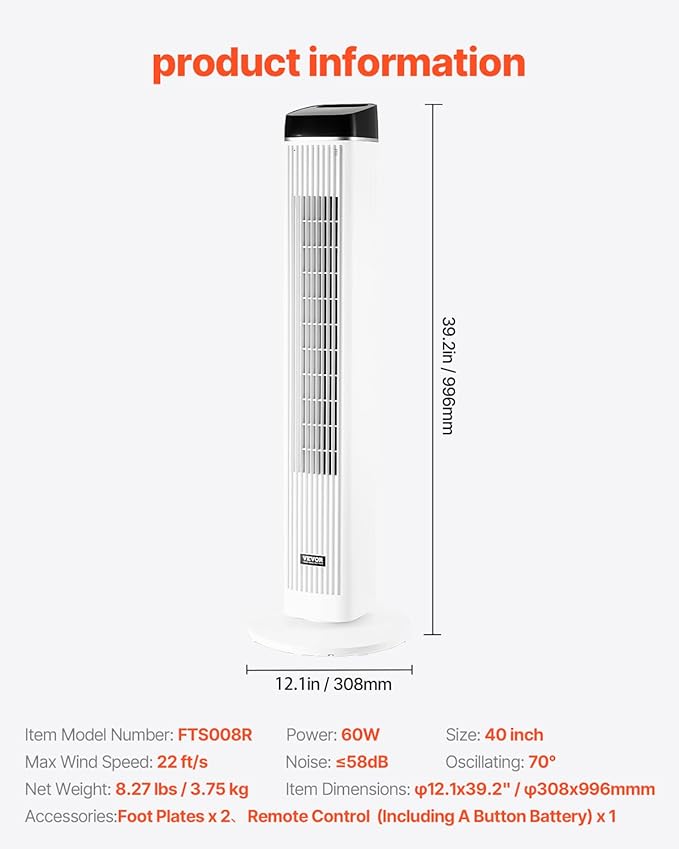 VEVOR Tower Fan, 22 ft/s Velocity Quiet Floor Fan, 70° Oscillating Fans - Image 7