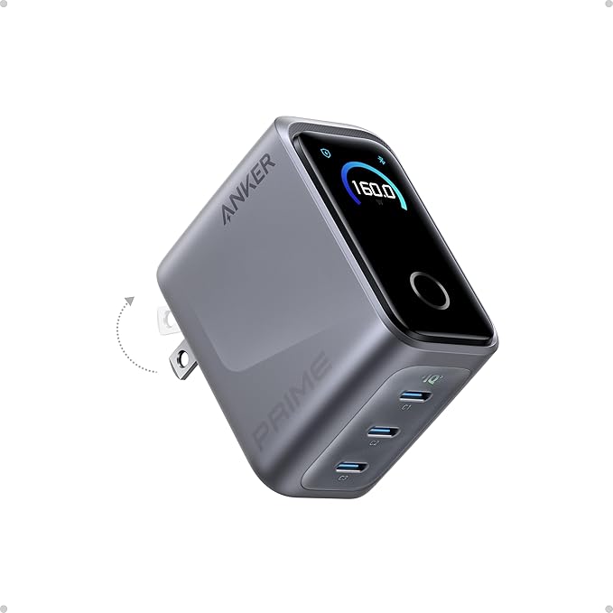 Anker Prime Charger, 160W 3-Port Compact GaN USB C Charger Block, Smart Display by Anker