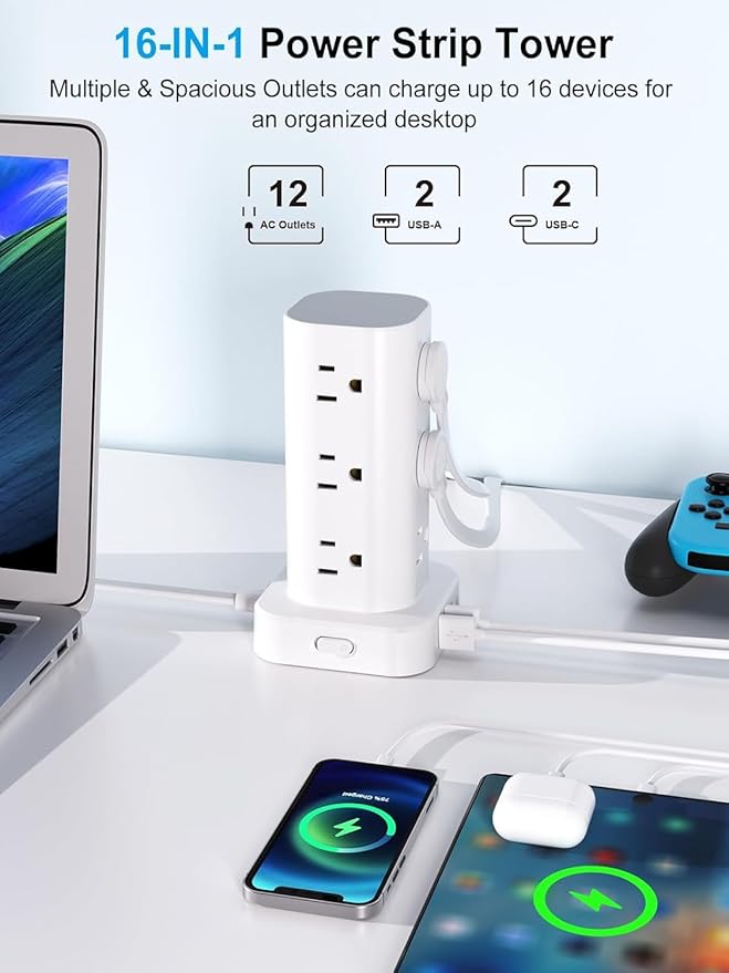 Power Strip Tower with Multiple Outlets, Flat Plug Surge Protector Tower - Image 2