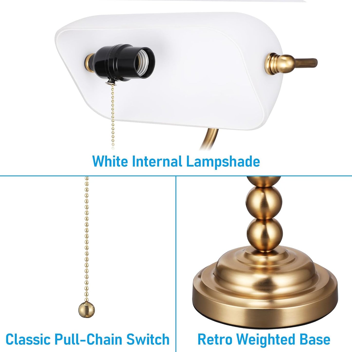 TORCHSTAR Ivory White Glass Bankers Desk Lamp with Pull Chain, E26 Base | Retro Weighted Base, Antique Traditional Library Lamp for Office Study Room, Bulbs not Included