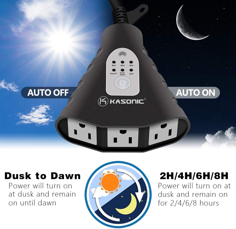 KASONIC Outdoor Light Timer, Waterproof Plug in Sensor Outlet Timer Switch | 100 ft Range Remote Control, 3 Grounded Electrical Outlets for Home Garden, ELT Listed