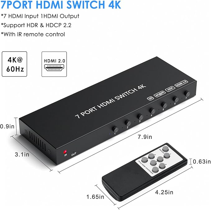 RuiPuo 7Port HDMI Switcher 4K@60Hz 5In 1Out HDMI Selector - Image 4