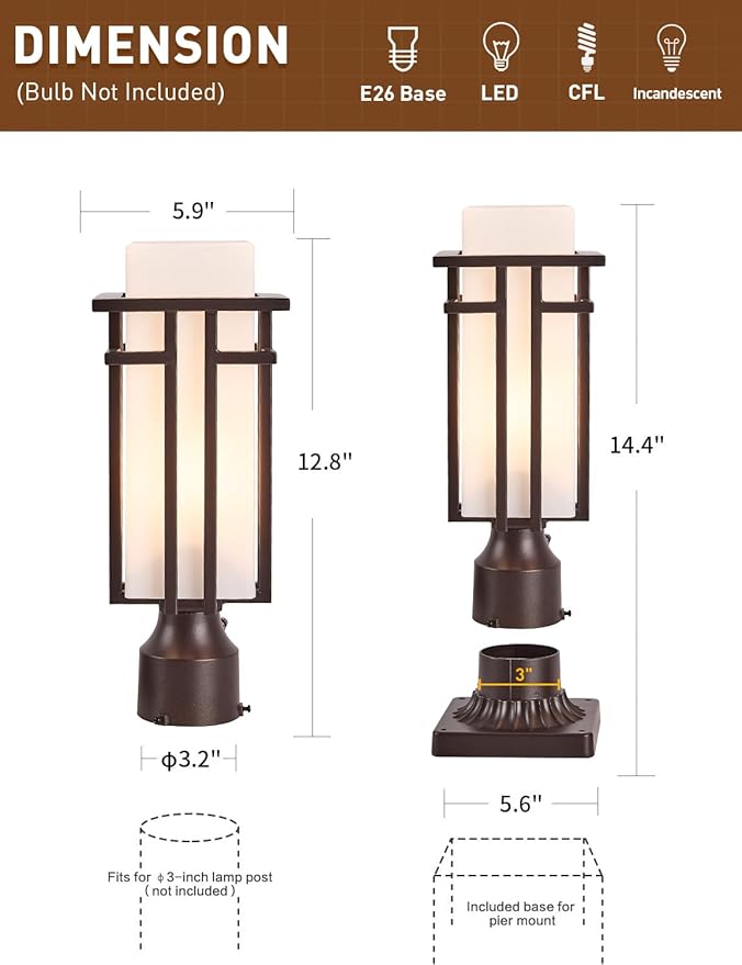 EERU Oil Rubbed Bronze Outdoor Post Lights, Waterproof Pole Mount Light Fixture - Image 5