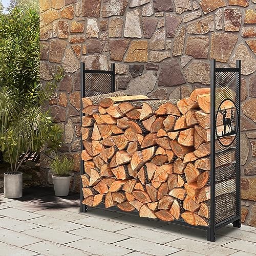 goplus firewood rack outdoor, 4 ft metal firewood, front angle view