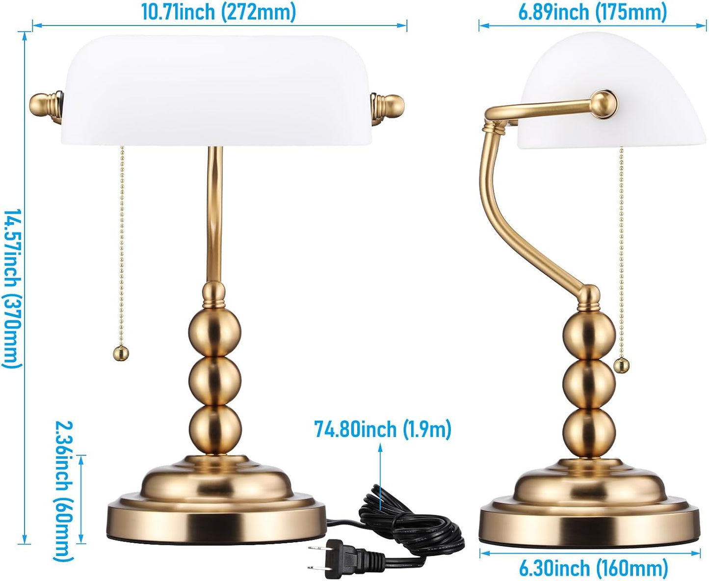 TORCHSTAR Ivory White Glass Bankers Desk Lamp with Pull Chain, E26 Base | Retro Weighted Base, Antique Traditional Library Lamp for Office Study Room, Bulbs not Included
