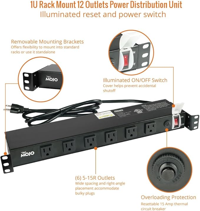 Tecmojo 1U Rackmount Network-Grade PDU Power Strip, 12 Wide-Spaced Right Angle - Image 4