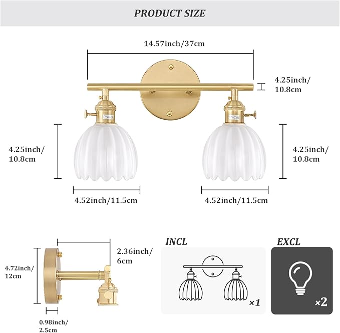 Shenmoyl Bathroom Light Fixtures, 2-Light Brass Vanity Wall Light Over Mirror - Image 5
