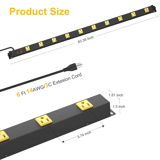 10 Outlet Surge Protector, Long Metal Wide Spaced Garage Industrial Power Strip - Image 6