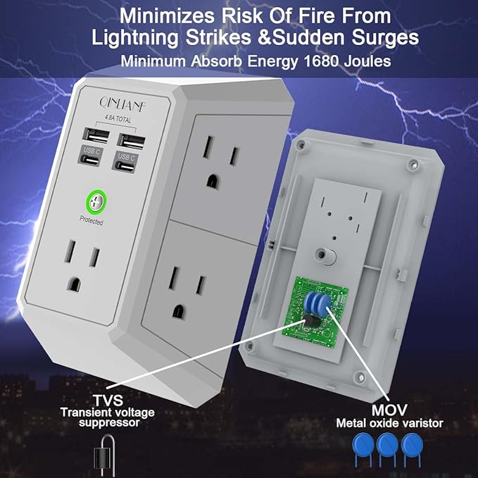 USB Wall Charger, Surge Protector, QINLIANF 5 Outlet Extender - Image 5