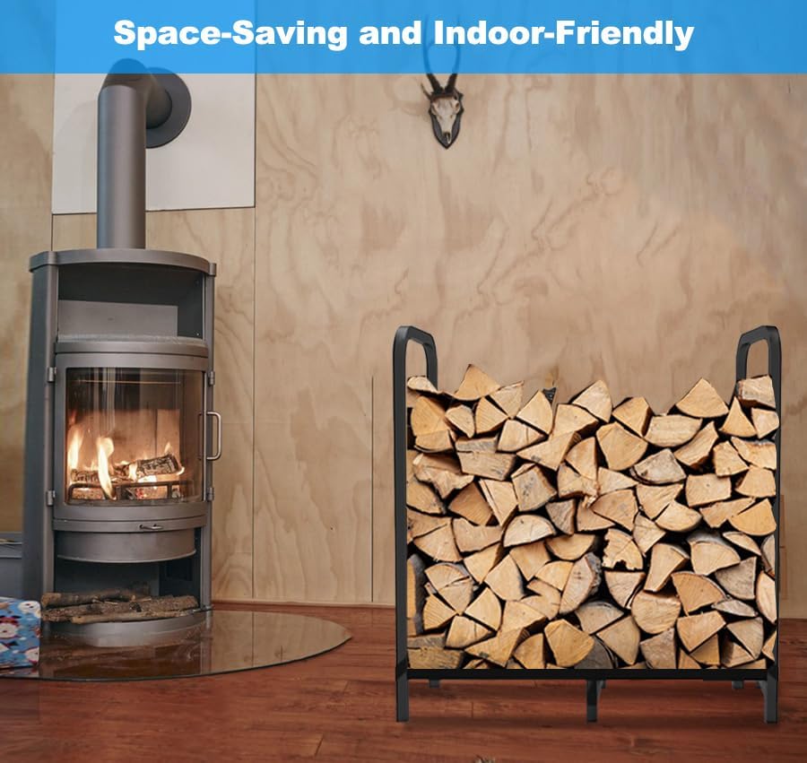 2.8ft firewood rack holder, adjustable heavy duty fire shown in use