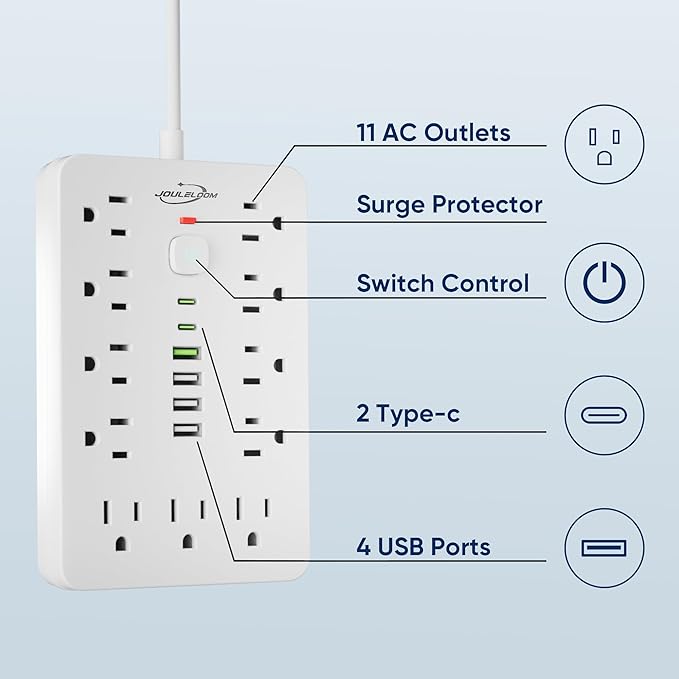 JouleLoom 20 FT Flat Plug Surge Protector Power Strip, 11 Multiple AC Outlets - Image 3